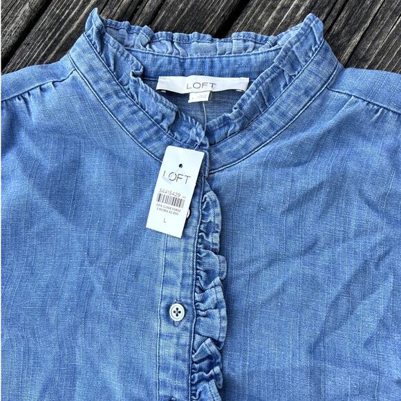 LOFT NWT Chambray Ruffle Flounce Swing Dress Blue Size Large $90 Retail - Picture 4 of 8